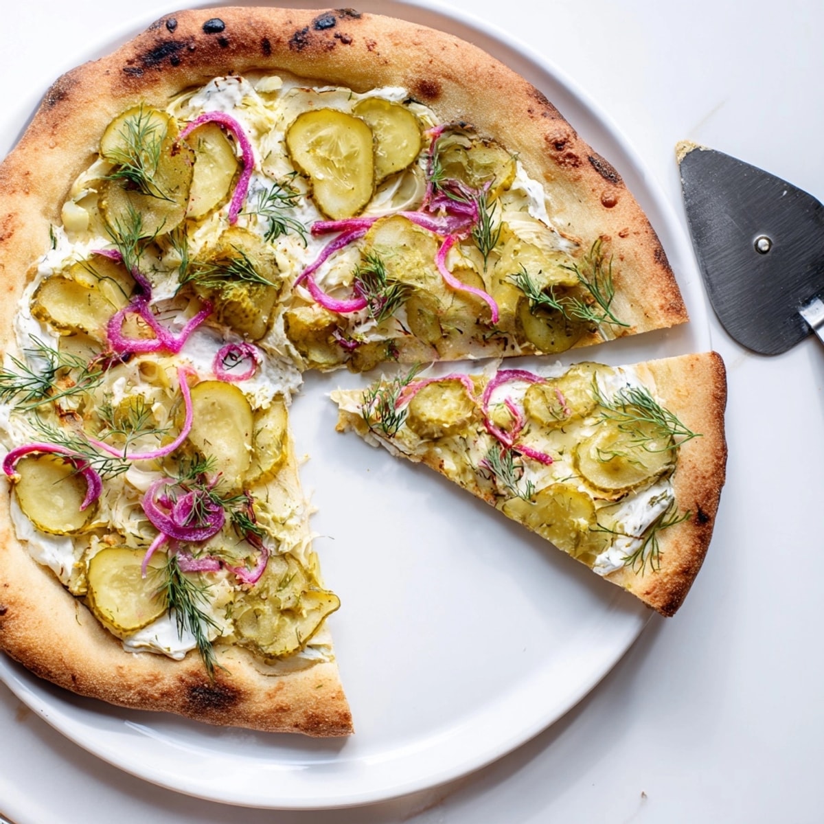 Homemade Pickle Pizza with melted mozzarella, dill garnish, and sliced pickles ready to serve.