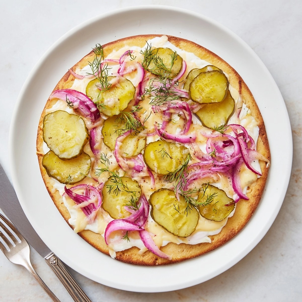 Delicious, creamy Pickle Pizza: a unique blend of tangy dill pickles baked until bubbly.