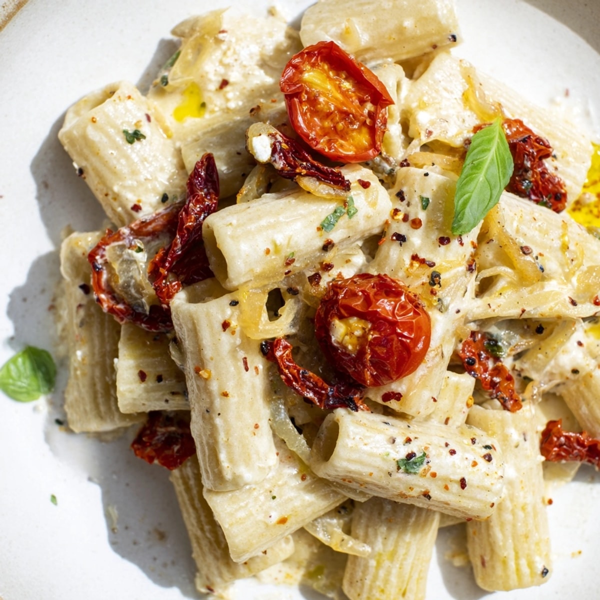 Creamy Baked Feta Pasta 2.0: Golden baked feta nestled among burst cherry tomatoes.