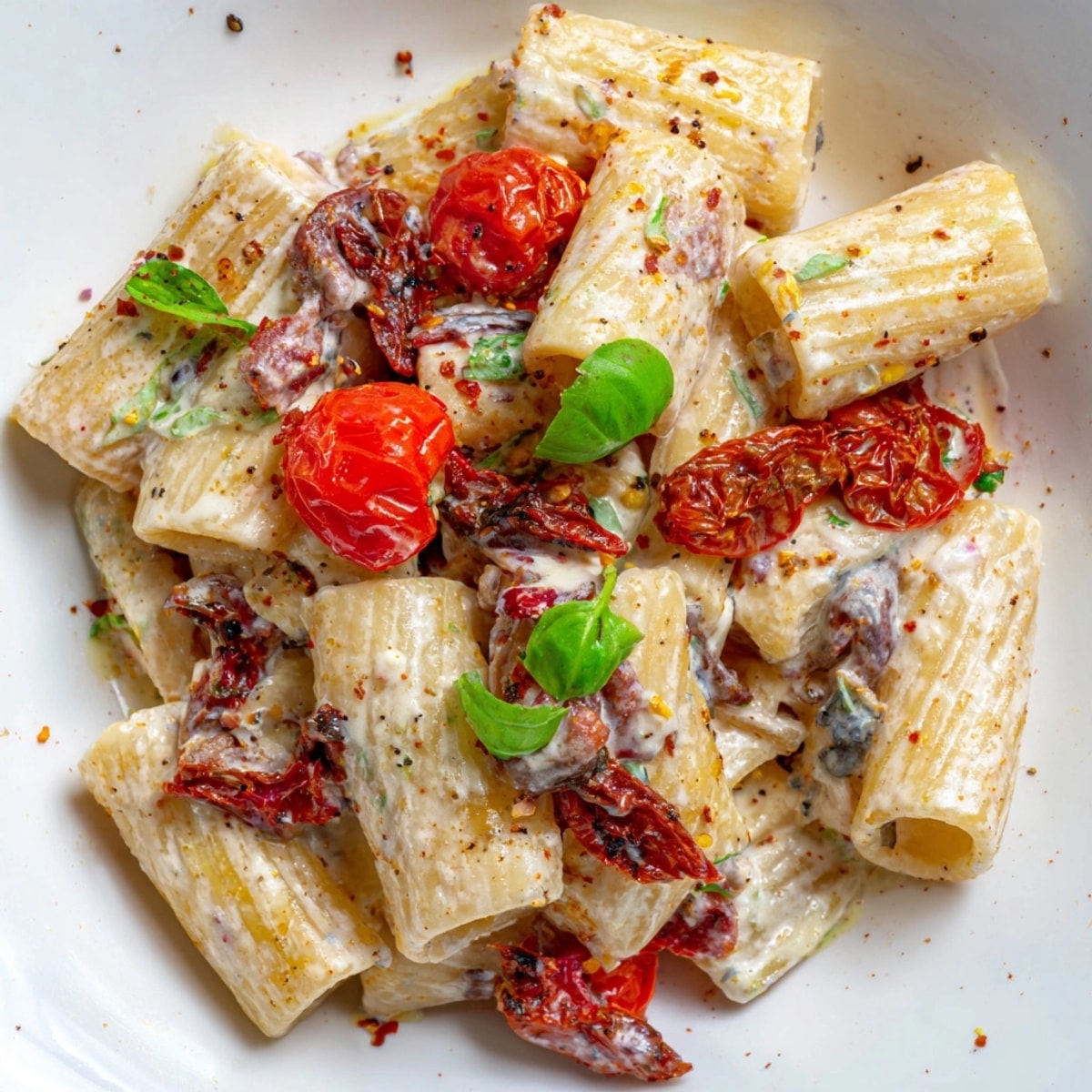 Hot, bubbly Baked Feta Pasta 2.0, ready to serve with fresh basil garnish.