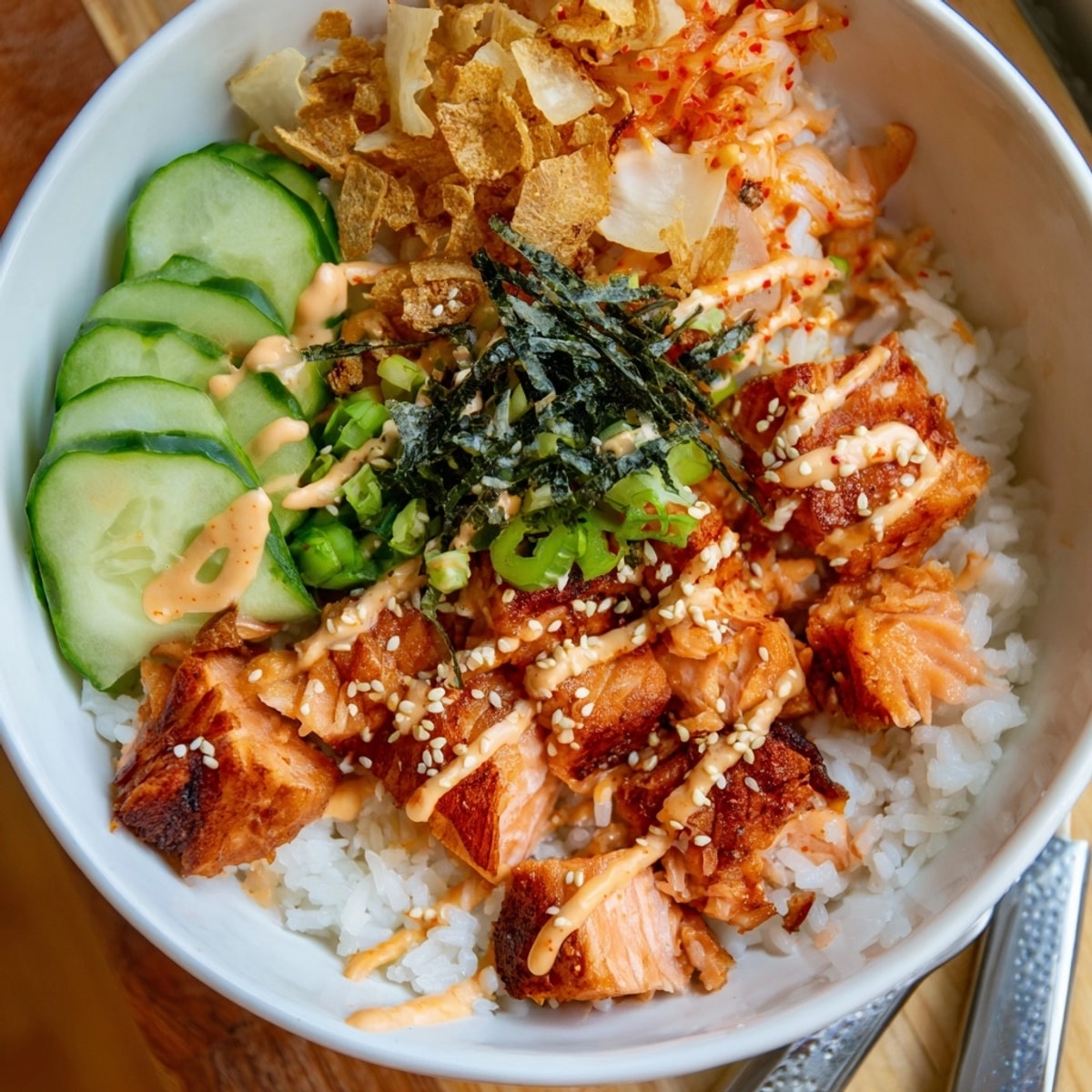 A vibrant Crispy Salmon Rice Bowl ready to eat with colorful toppings.