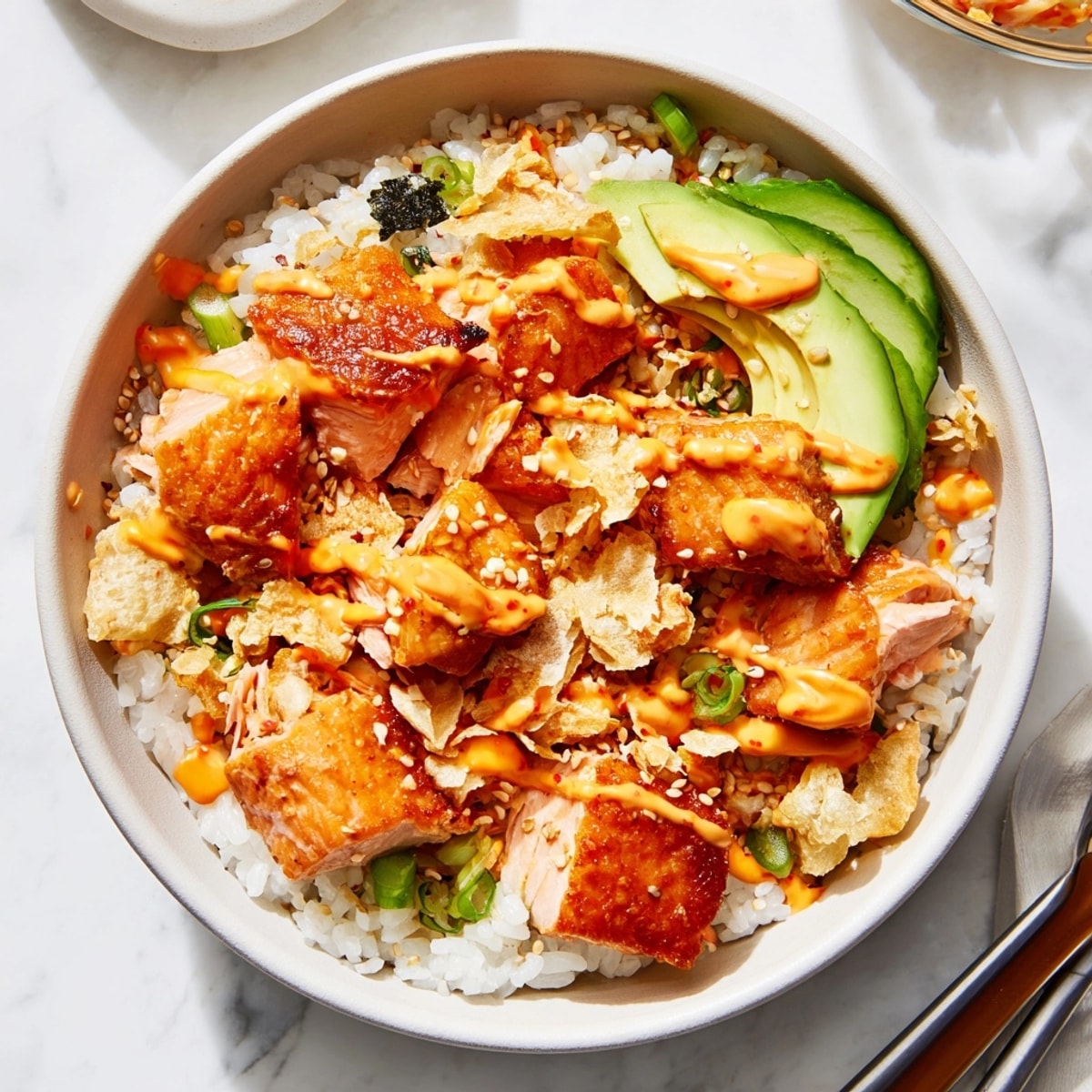Pan-fried Crispy Salmon Rice Bowl recipe, featuring flaky fish and crunchy toasted rice.