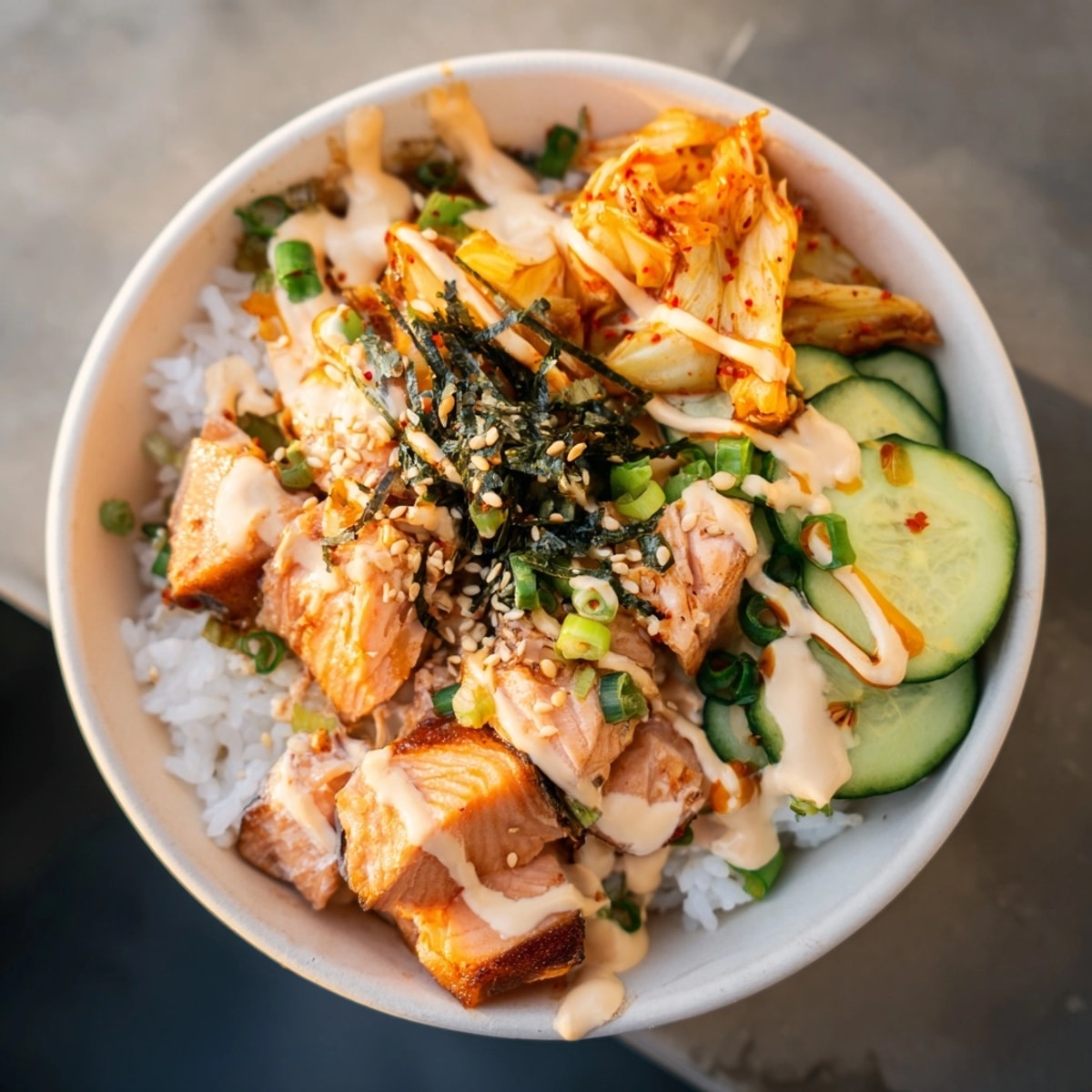 Golden Crispy Salmon Rice Bowl; a savory, colorful and delightful Asian-inspired dinner.