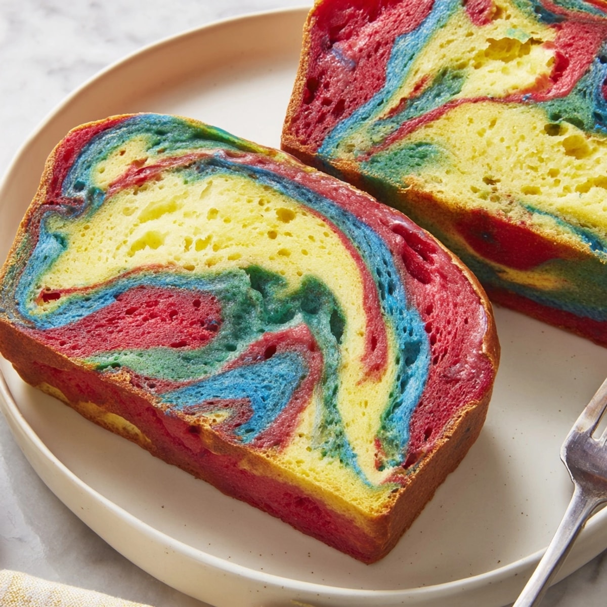 Fluffy rainbow cloud bread recipe: a light, airy dessert with vibrant swirls.