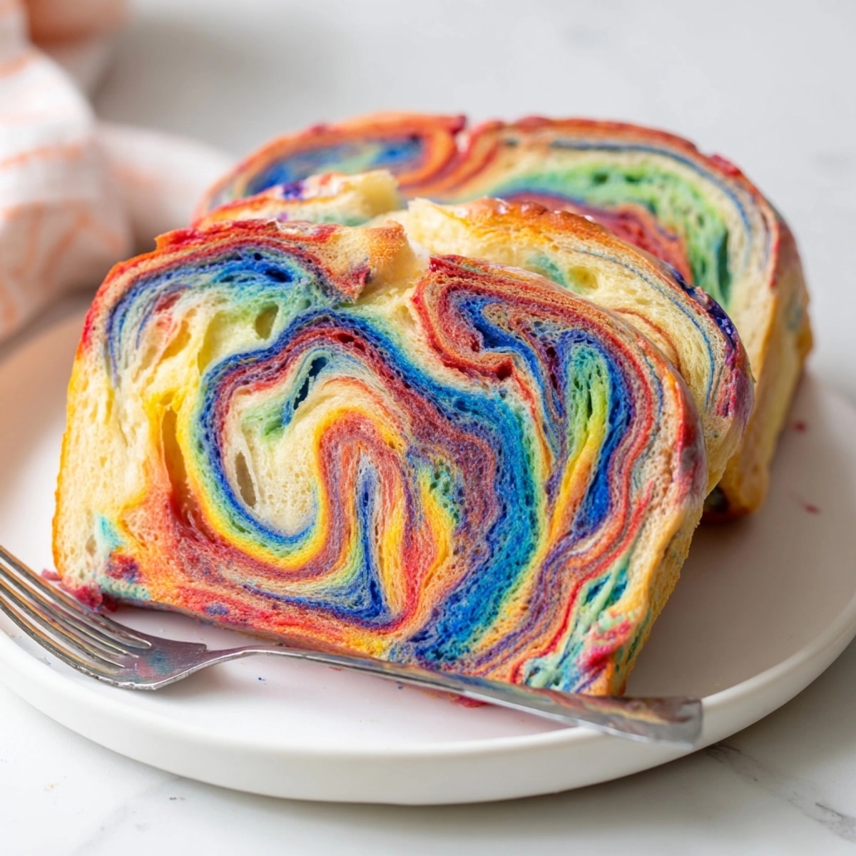 Homemade cloud bread rainbow version: pastel swirls baked until softly golden, ready to serve.