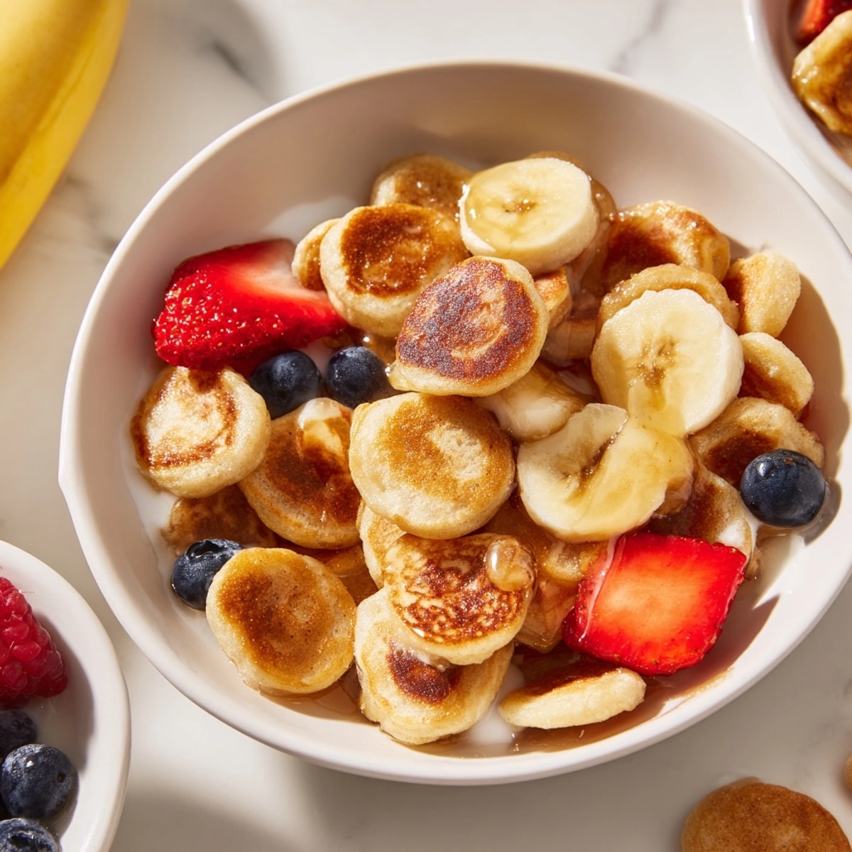 Bowl of warm mini pancake cereal with fresh berries and milky sweetness.