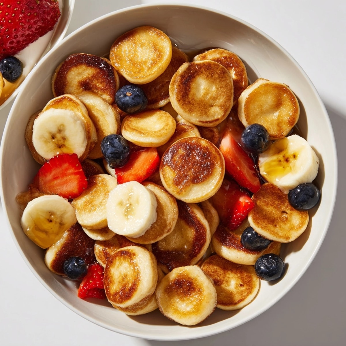 Easy homemade mini pancake cereal recipe: golden-brown, bite-sized, topped with rich maple syrup.