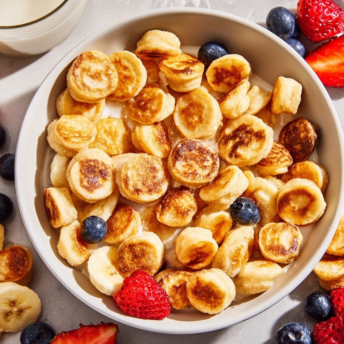 Whimsical mini pancake cereal—poured from a spoon, a delightful breakfast twist.