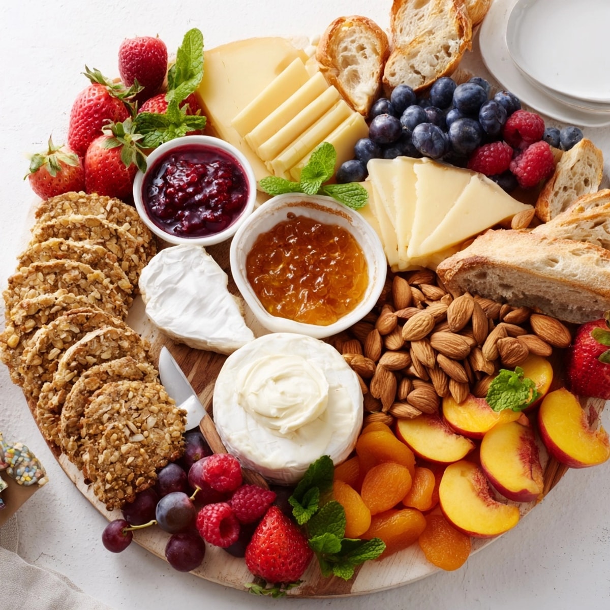 Experience a delightful Jam-Infused Brunch Board with creamy brie, sweet jams, and crusty bread.