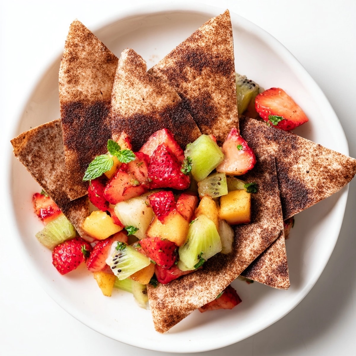 Close-up of Dessert Chips & Salsa: crispy chocolate tortillas meet colorful, juicy fruit.