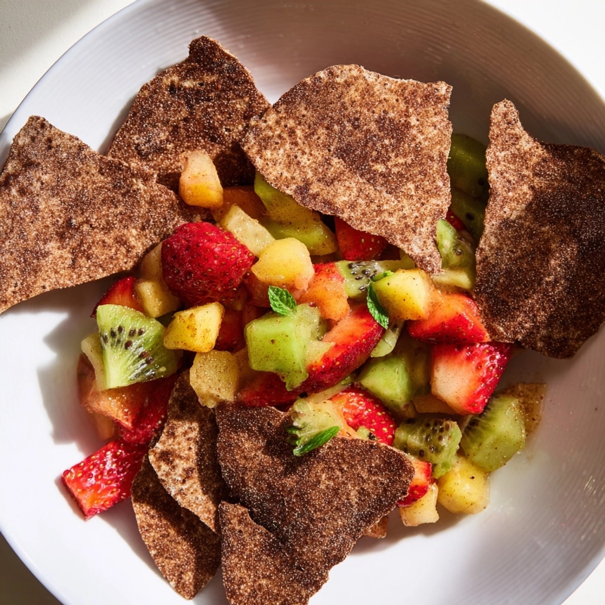 Homemade Dessert Chips & Salsa: warm, cocoa-dusted chips ready for a refreshing fruit salsa dip.