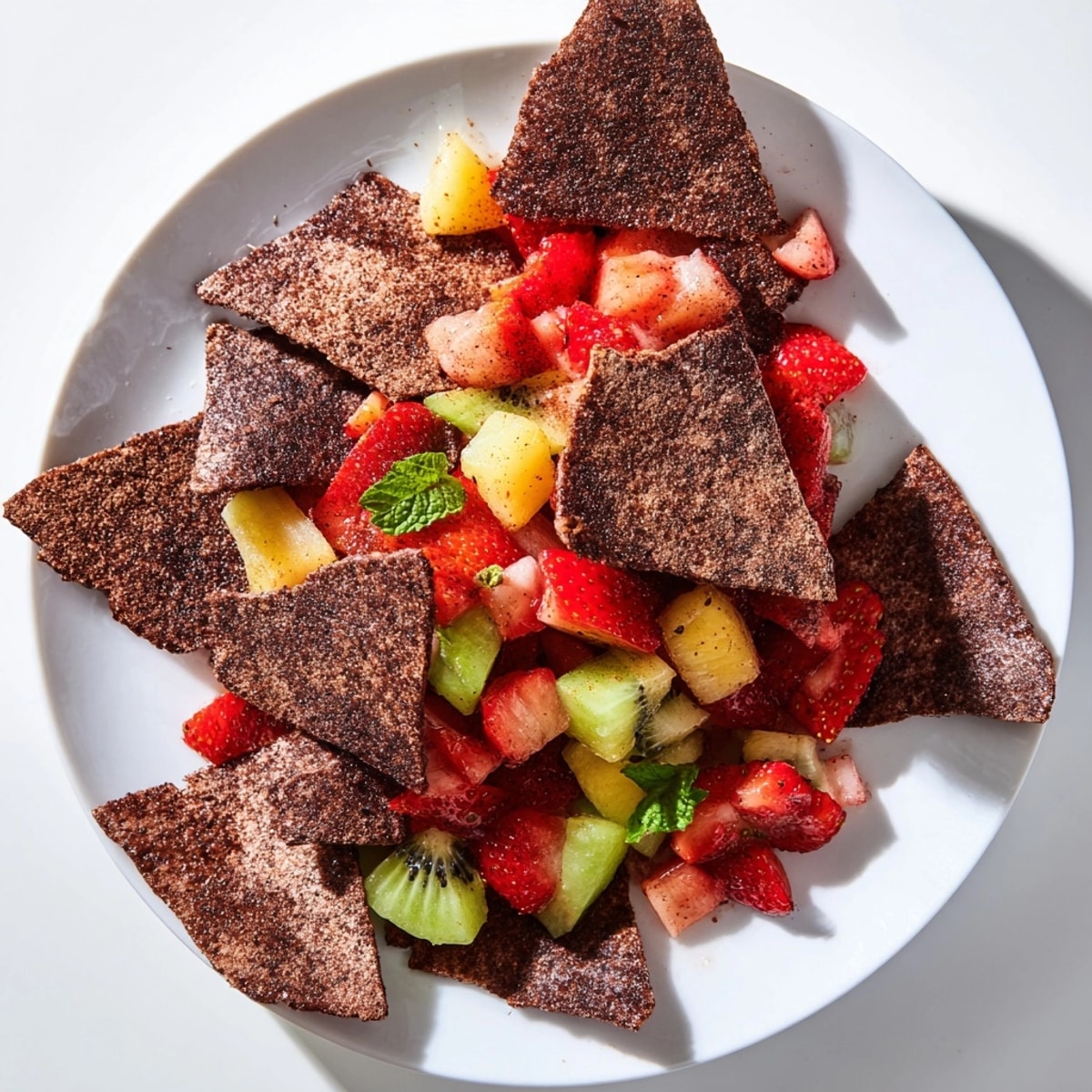 Picture Dessert Chips & Salsa: a sweet appetizer served with vibrant diced fruit and lime.