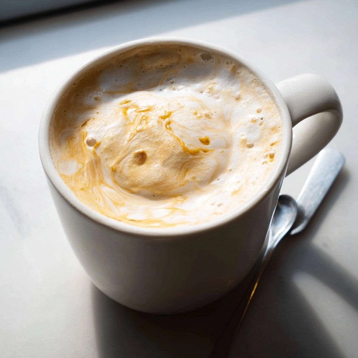Warm and comforting Onion Latte, garnished with chives, a unique coffee beverage recipe.