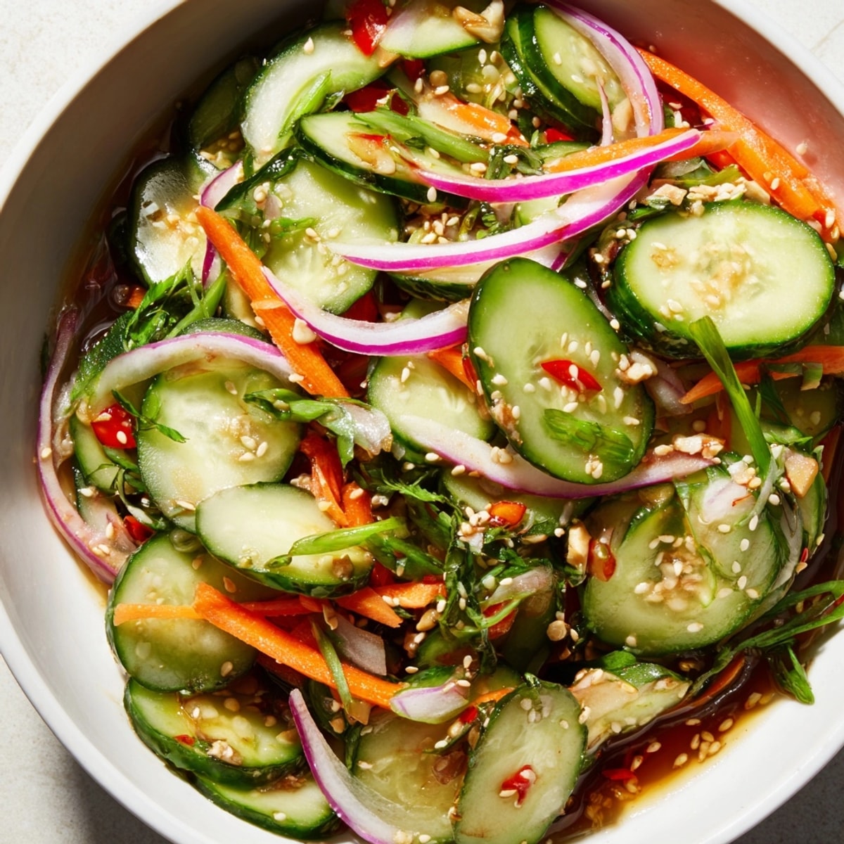 Close-up of Cucumber Salad Remix featuring glistening sesame seeds and a savory fish sauce dressing.
