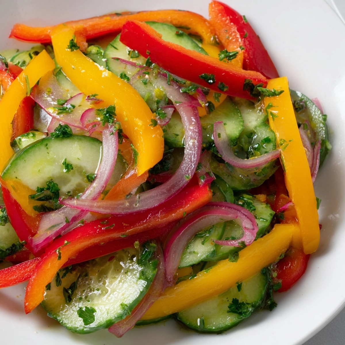 Crisp Cucumber Sweet Pepper Salad: Brightly colored veggies tossed in a lemon herb dressing.