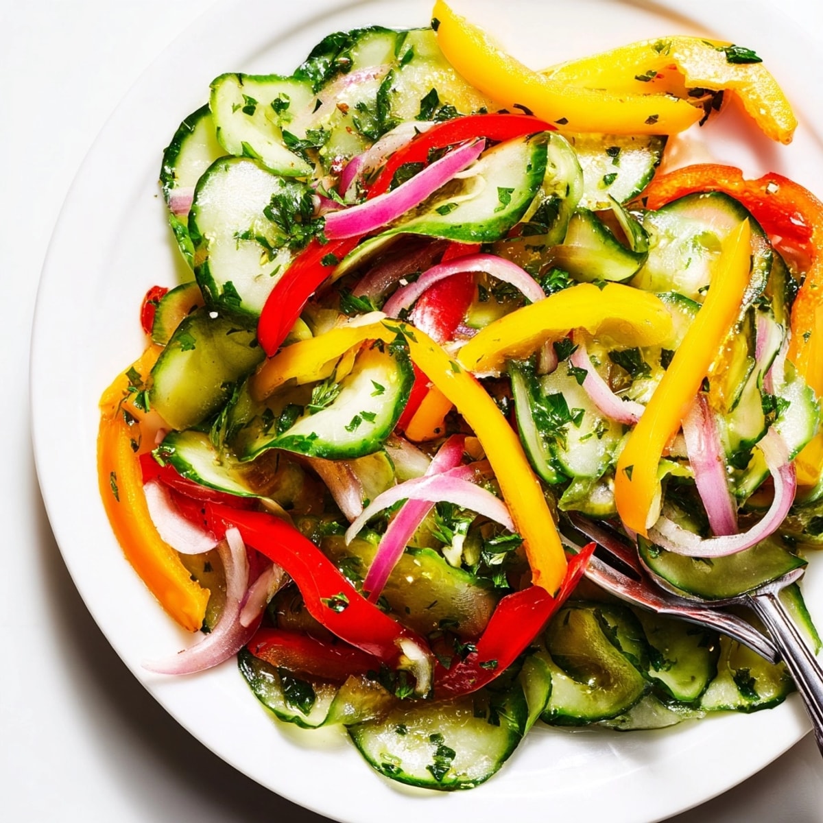 Refreshing Cucumber Sweet Pepper Salad, glistening with lemony dressing, perfect for a summer meal.