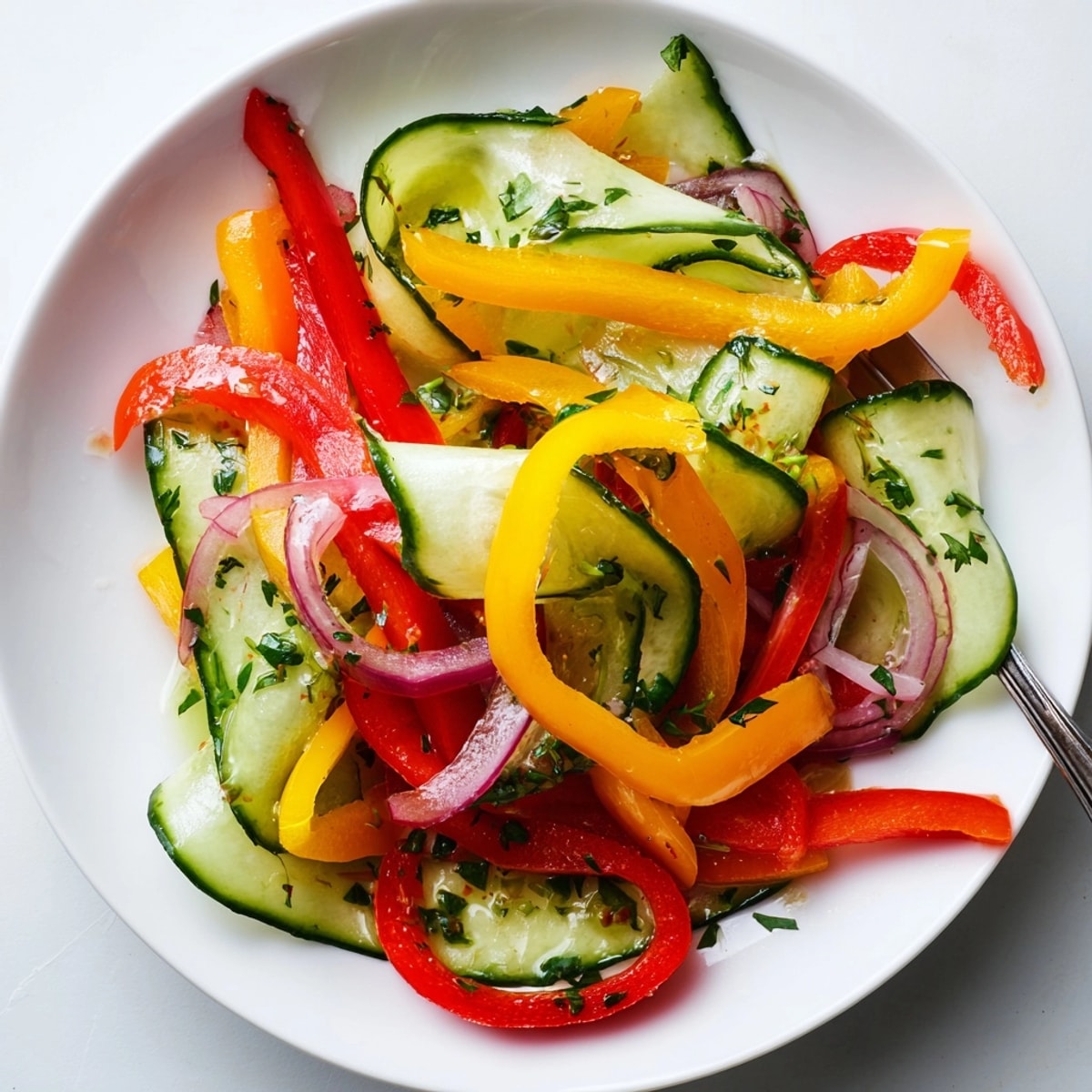 Close-up of vibrant Cucumber Sweet Pepper Salad, ready to enjoy as a colorful side.