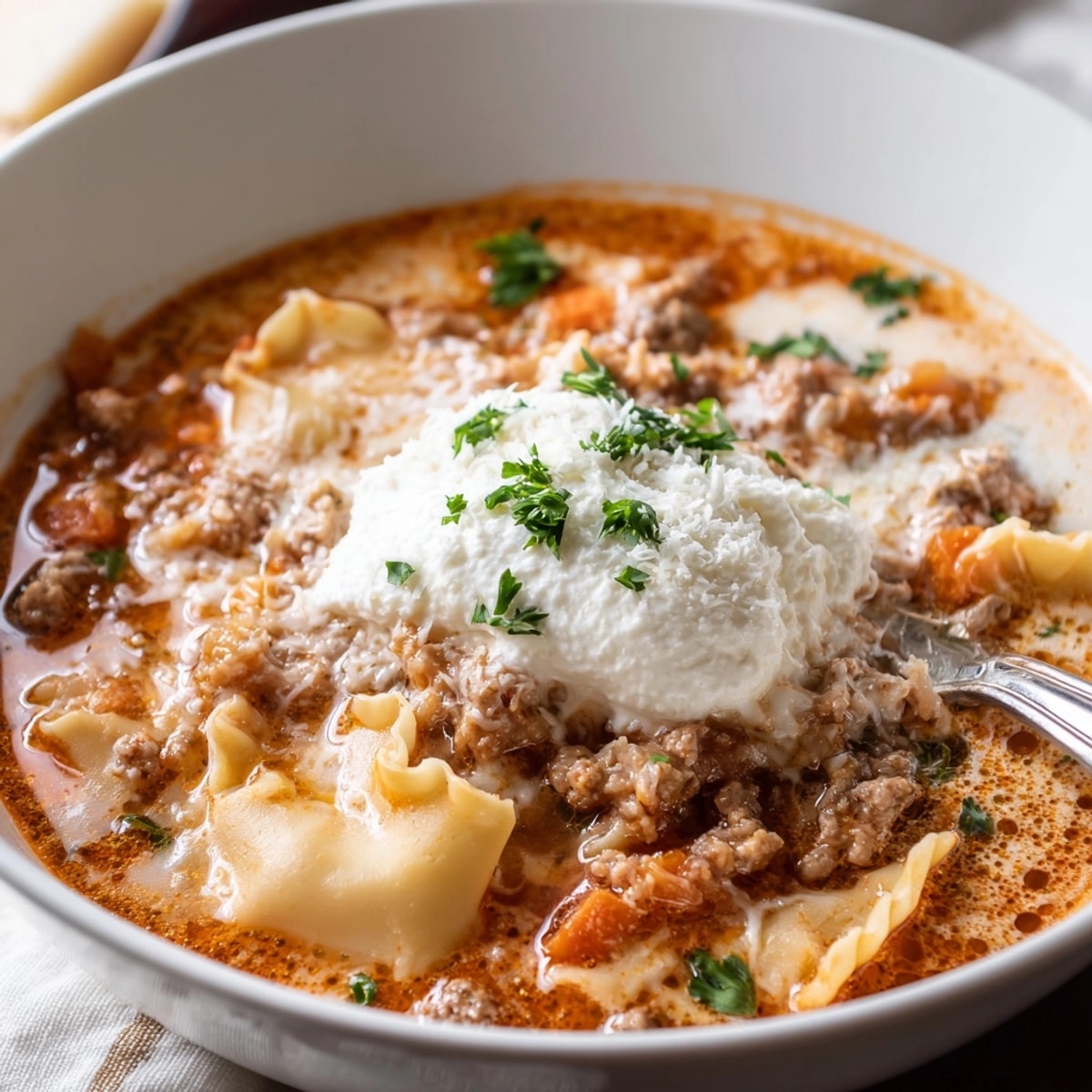 Creamy Lasagna Soup: A comforting bowl with bubbling cheese and fresh basil topping.