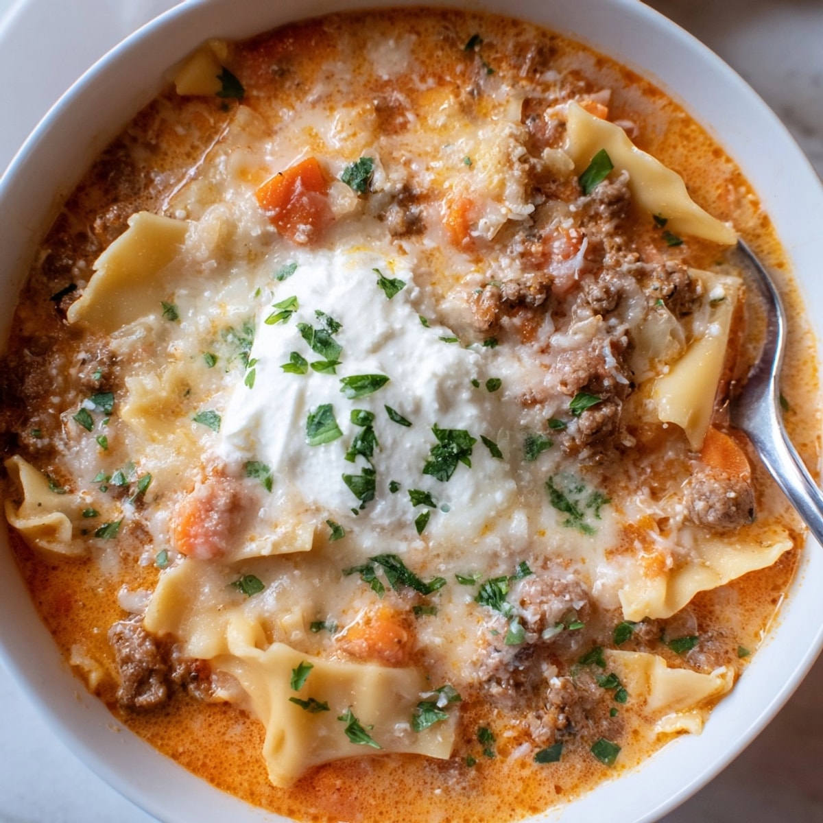 Warm, family-friendly Creamy Lasagna Soup showcasing tender pasta, meat, and a rich broth.