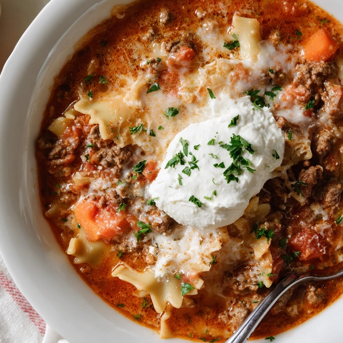 Homemade Creamy Lasagna Soup, steaming and served with a dollop of ricotta.