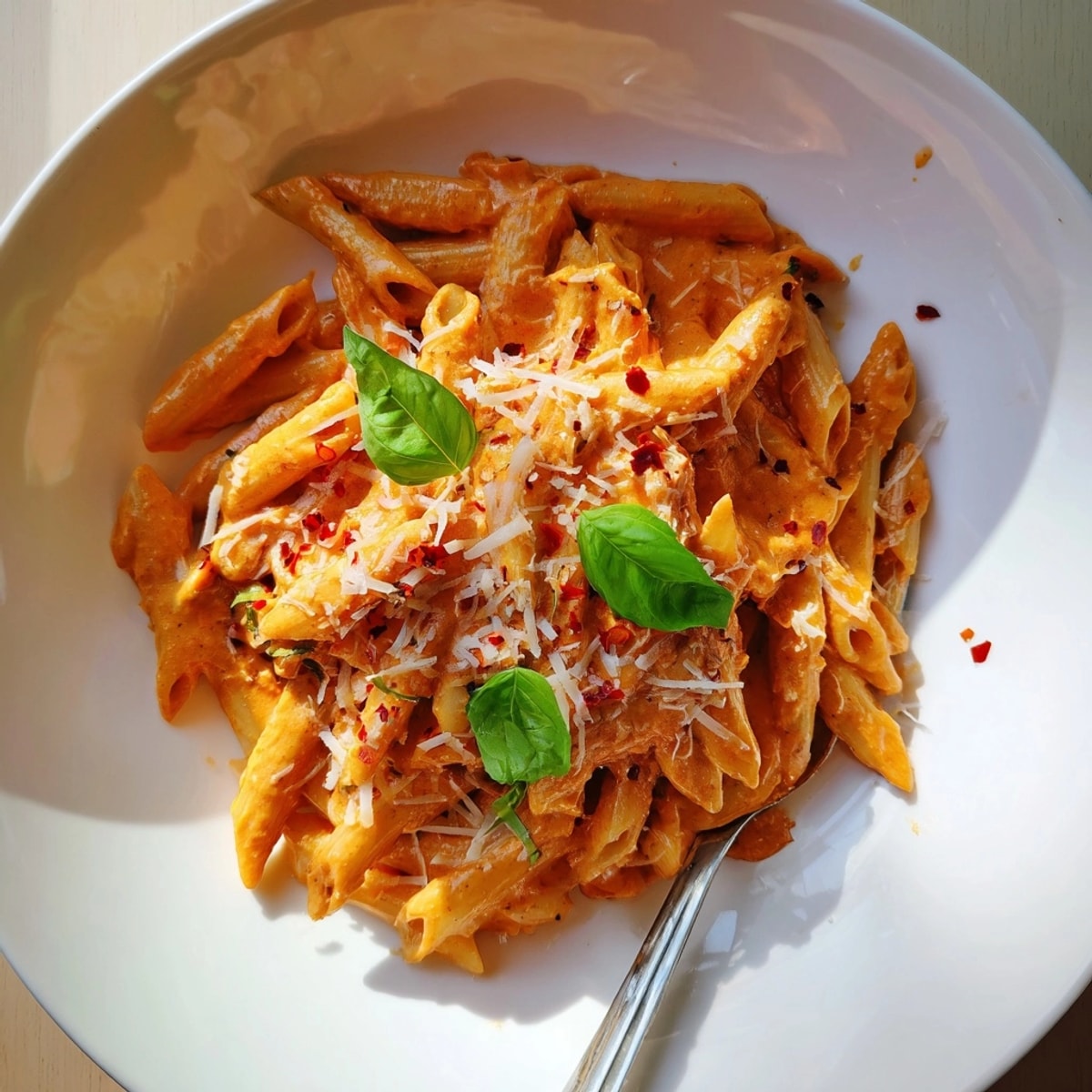 Creamy Spicy Vodka Pasta: Rich tomato sauce coats al dente penne, ready to serve.