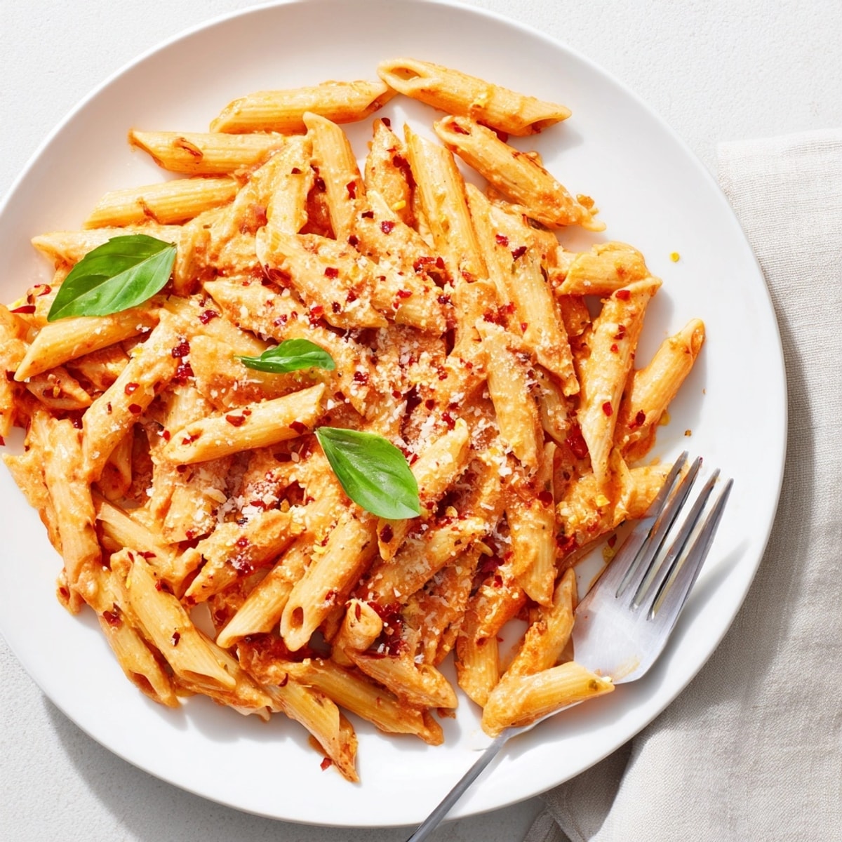 Close-up of Spicy Vodka Pasta: Steam rises from chile-flecked, parmesan-dusted comforting dish.
