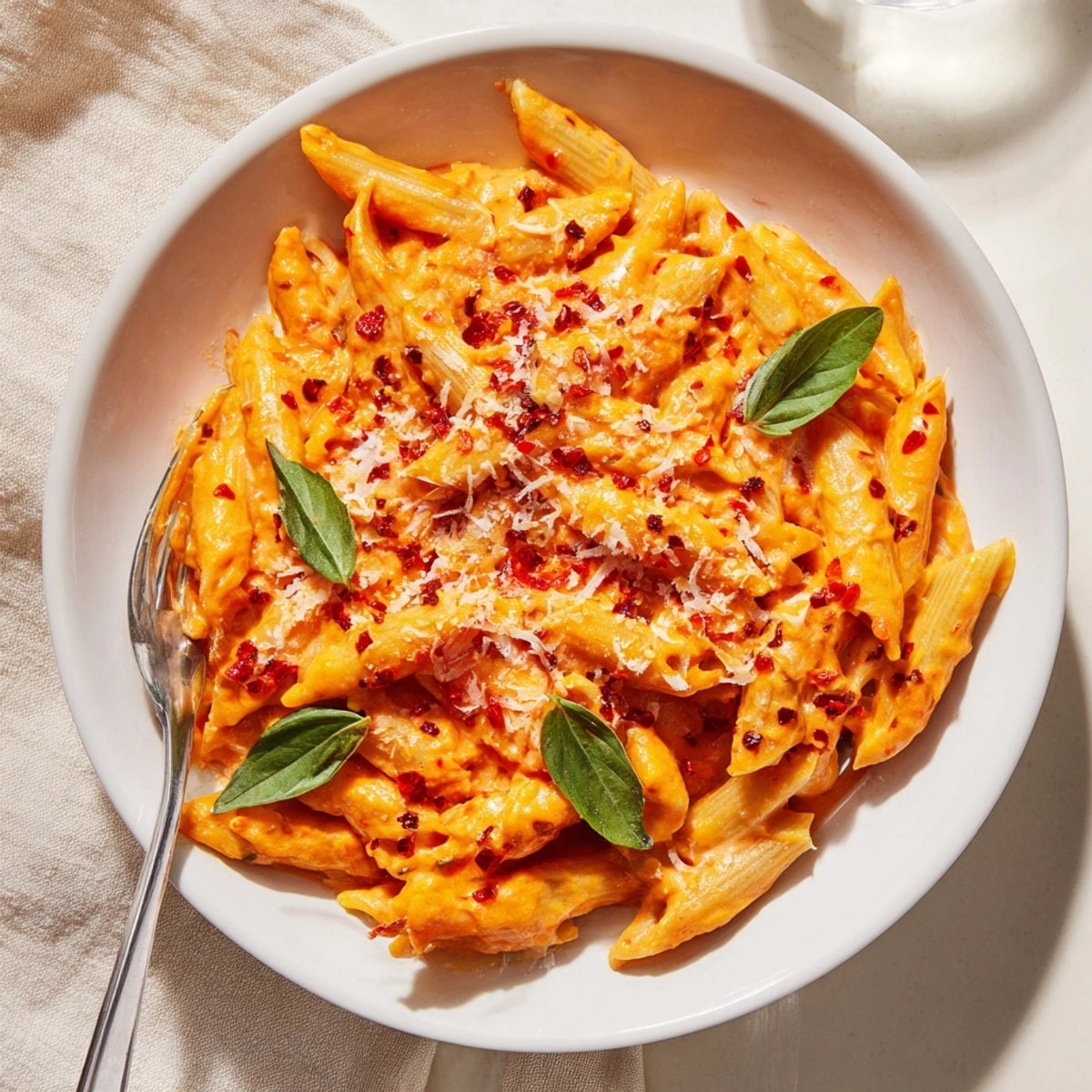 Homemade Spicy Vodka Pasta recipe: A warm, inviting meal shown in a bright kitchen.
