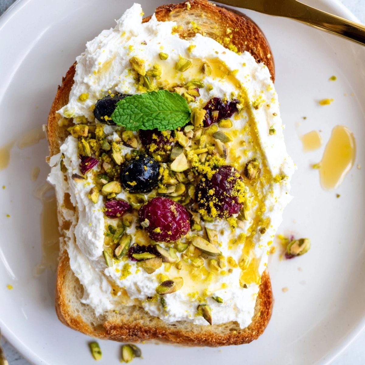 Close-up of creamy Whipped Honey Ricotta Toast, golden brown and ready to eat.
