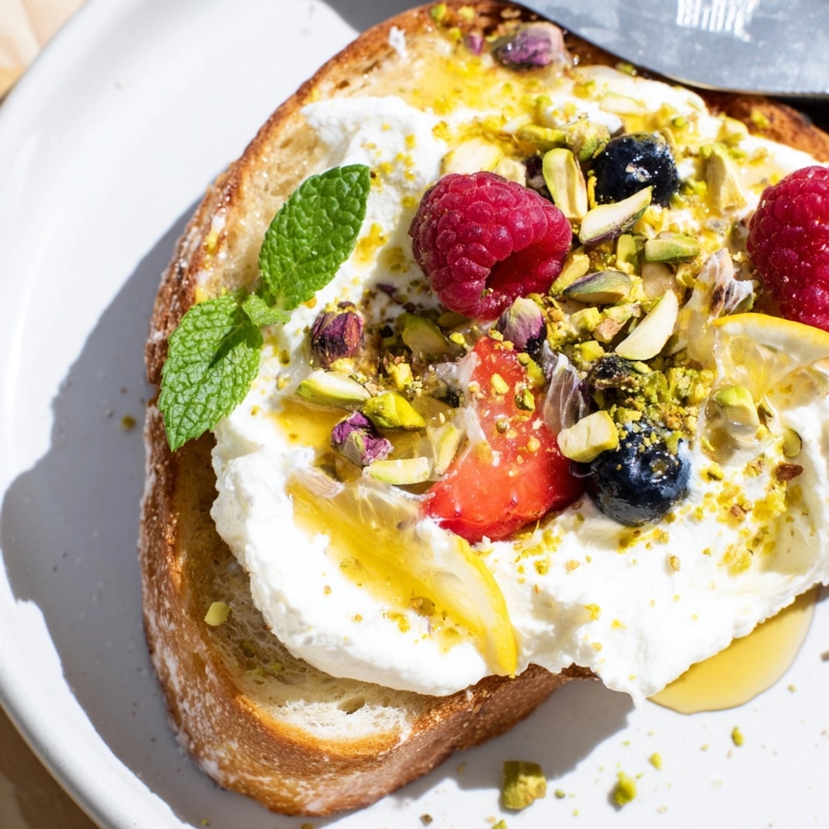 Golden, crisp Whipped Honey Ricotta Toast, drizzled honey, with fresh figs, a delightful breakfast.