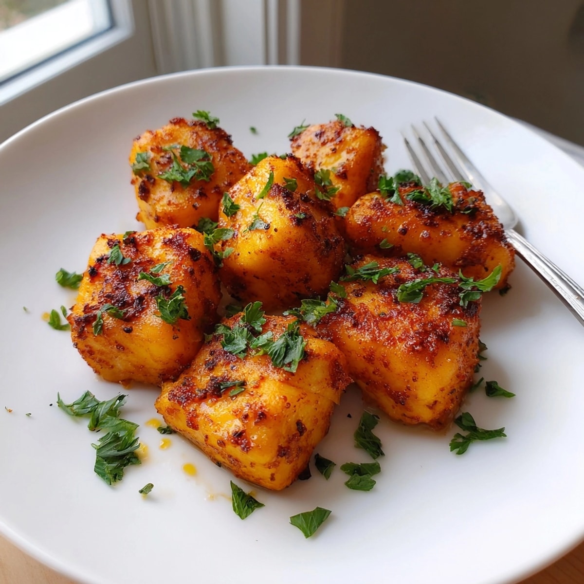 Crispy Air Fryer Salmon Bites, golden brown and seasoned, ready for dipping.