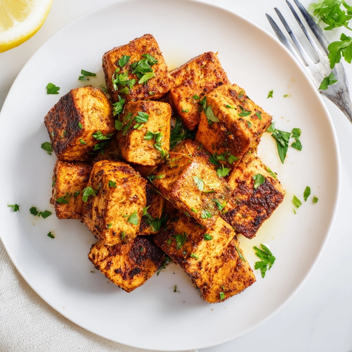 Quick Air Fryer Salmon Bites recipe: flaky fish, seasoned and cooked to perfection.