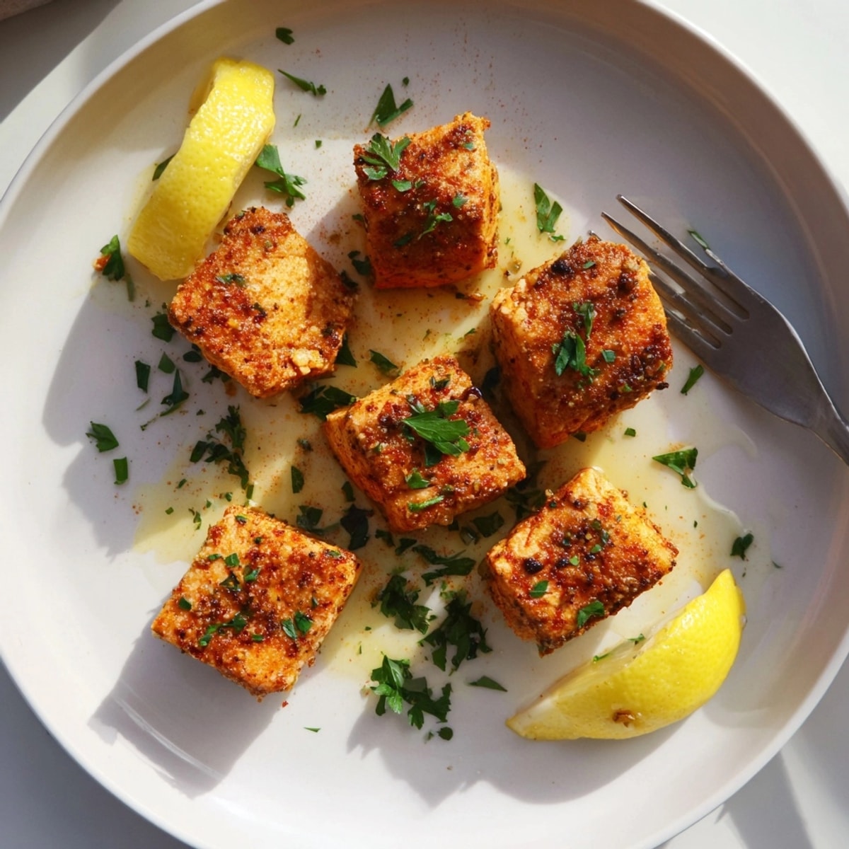 Delicious, healthy Air Fryer Salmon Bites recipe served with fresh parsley and lemon.