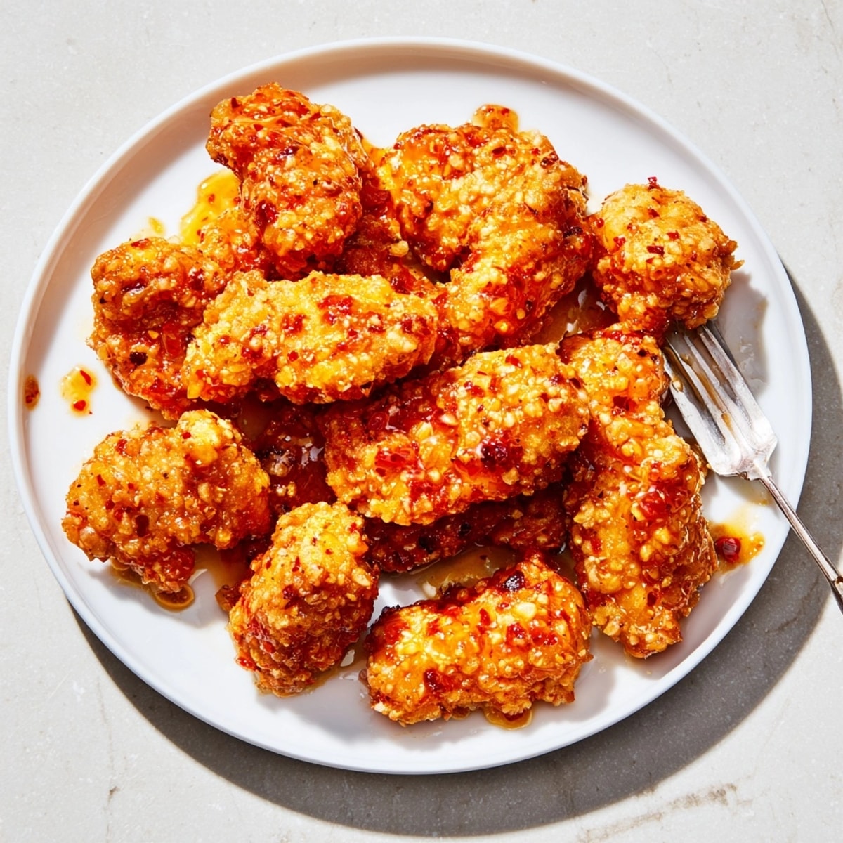 Golden, crispy Hot Honey Chicken Tenders glistening with a sweet and spicy glaze.