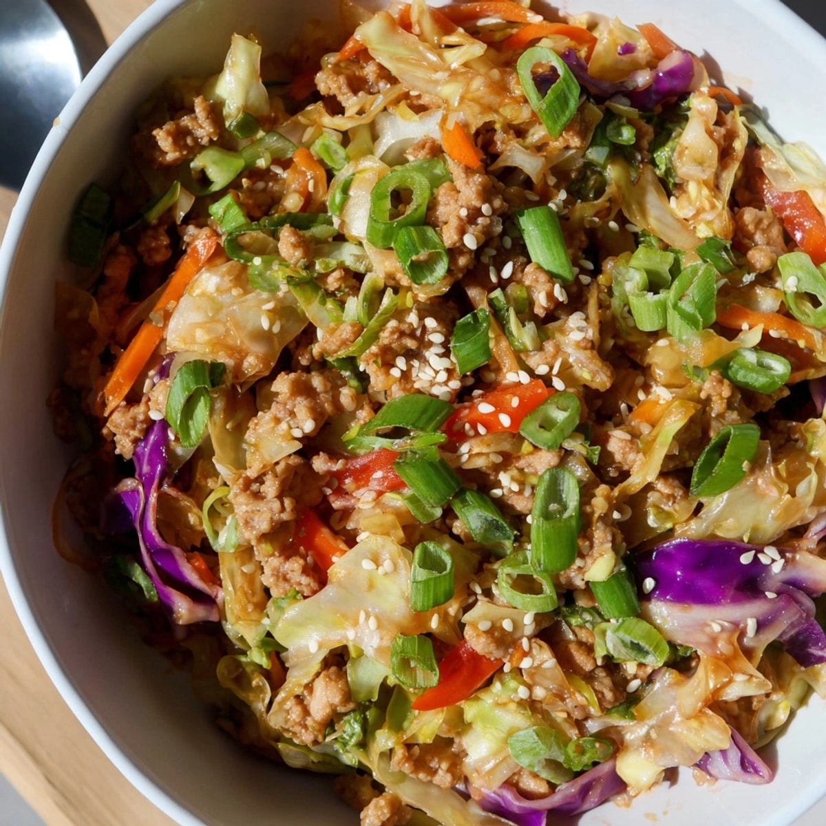 Savory Egg Roll in a Bowl: ground pork, vibrant cabbage, and sesame seeds.