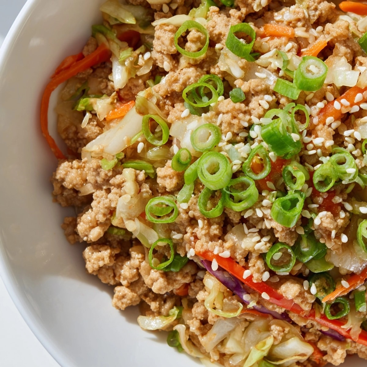 A flavorful Egg Roll in a Bowl, ready to eat; a quick, healthy weeknight dinner.