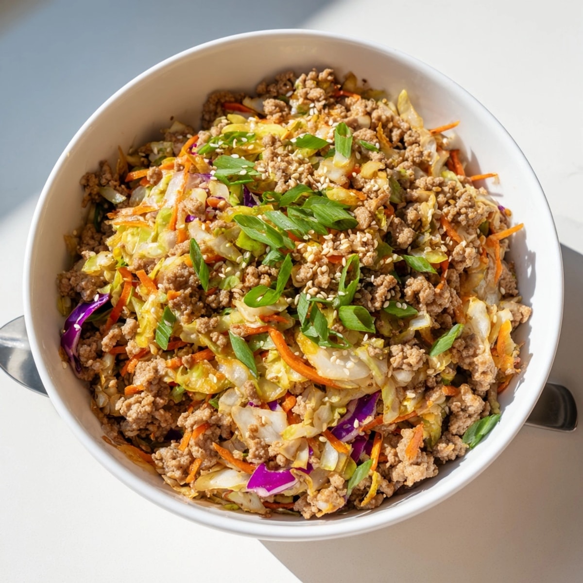 Close-up of homemade Egg Roll in a Bowl with fresh green onion garnish.