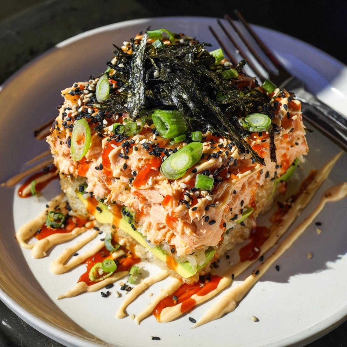 Golden Salmon Sushi Bake with creamy sriracha mayo, ready to serve with nori.