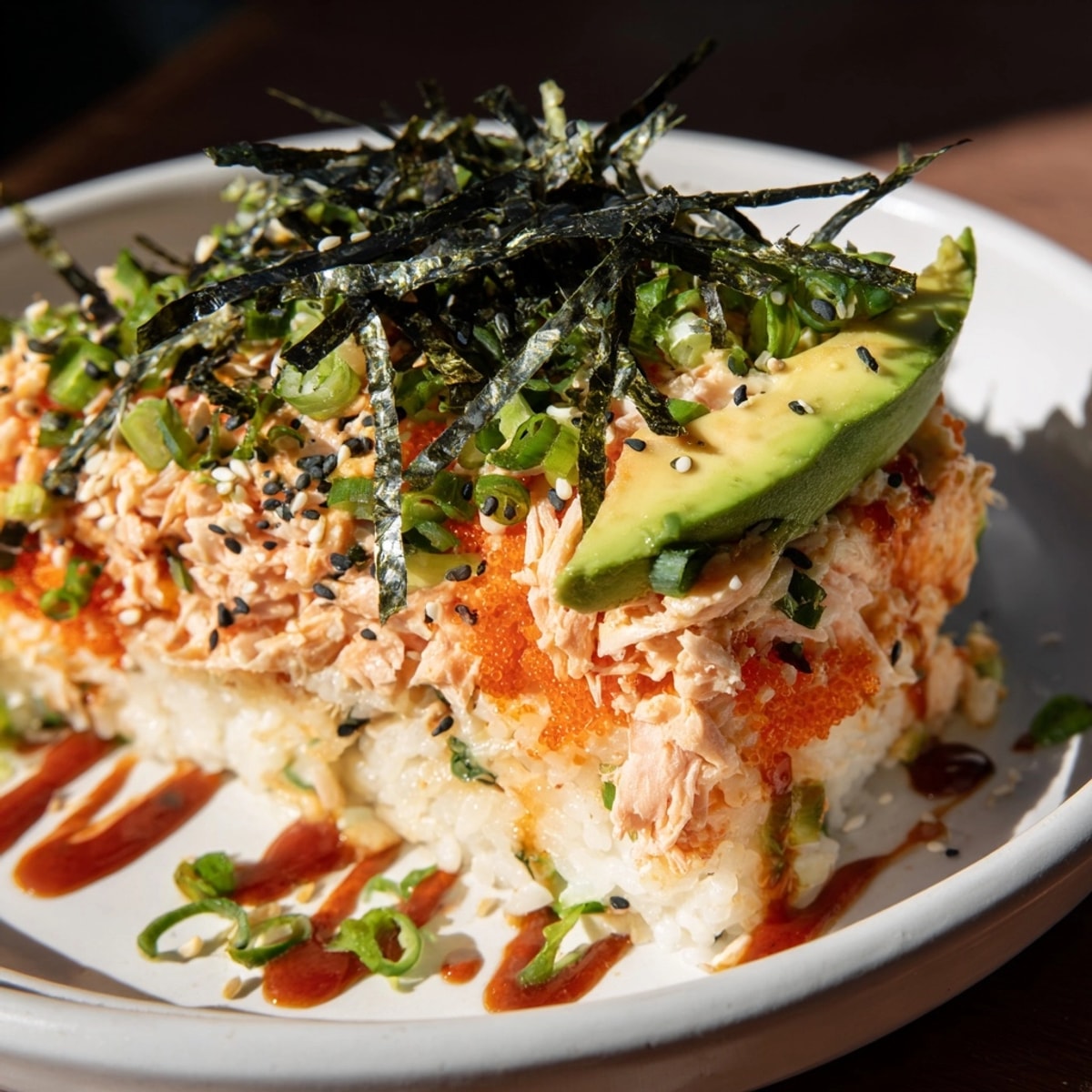 Oven-warm Salmon Sushi Bake: Layers of rice, flaky salmon, and crispy nori.
