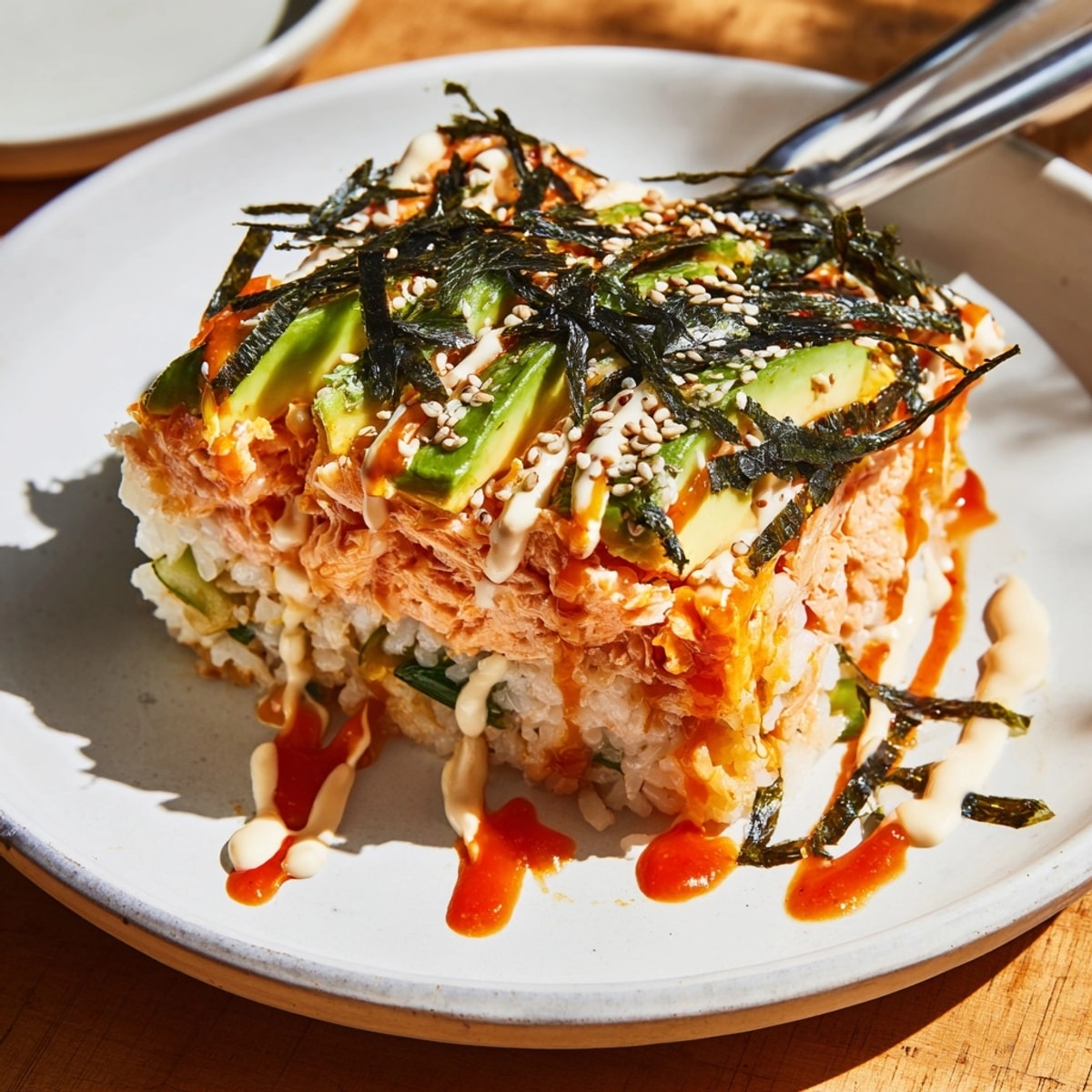 A Salmon Sushi Bake dish bubbling, rich aromas fill the frame, ready to eat.