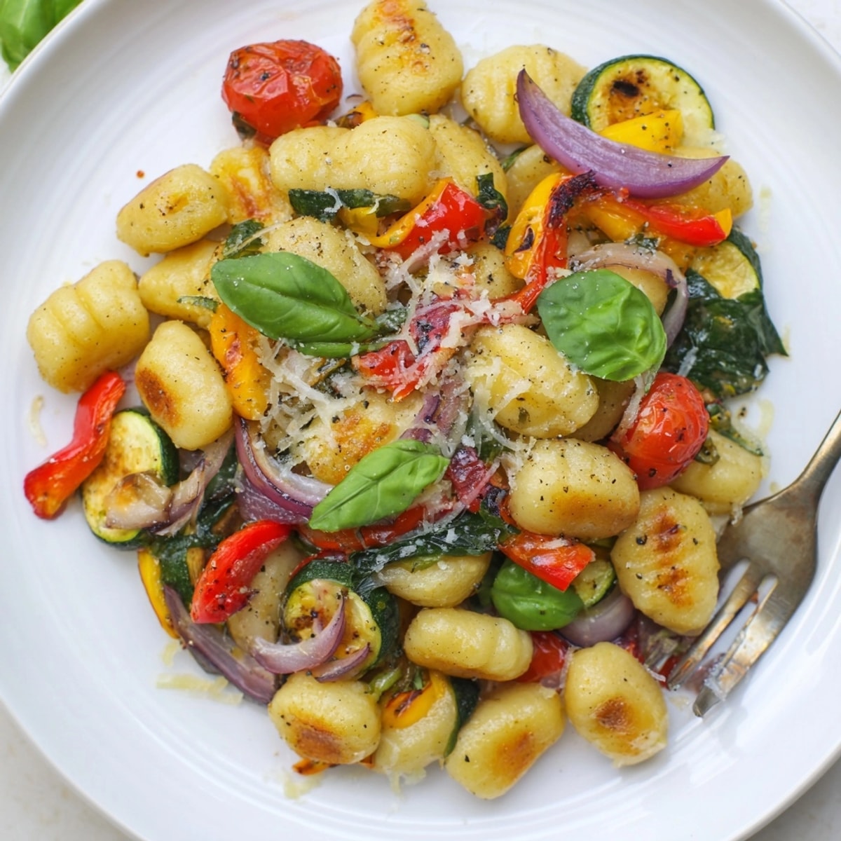 Crispy edged Sheet Pan Gnocchi with juicy roasted tomatoes, finished fresh basil and parmesan.