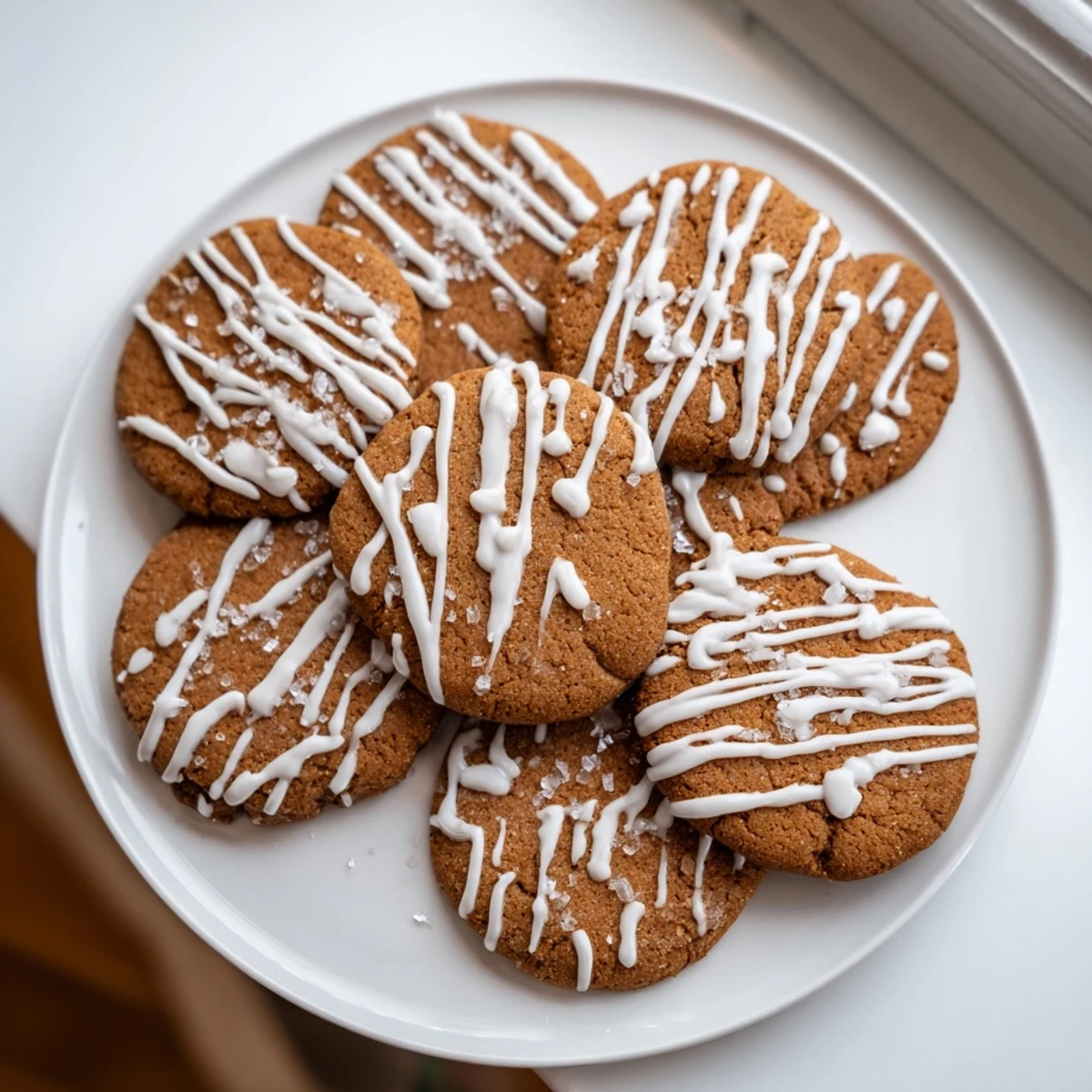 Warmly-spiced gingerbread cookies, adorned with creamy white icing, arranged for a festive holiday treat.