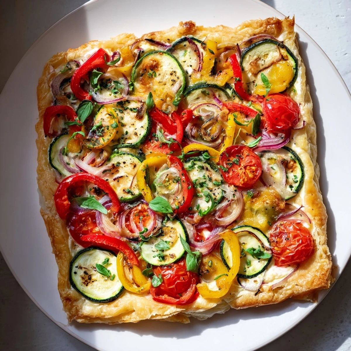 Deliciously golden Roasted Vegetable Tart with vibrant roasted veggies spilling from flaky crust.