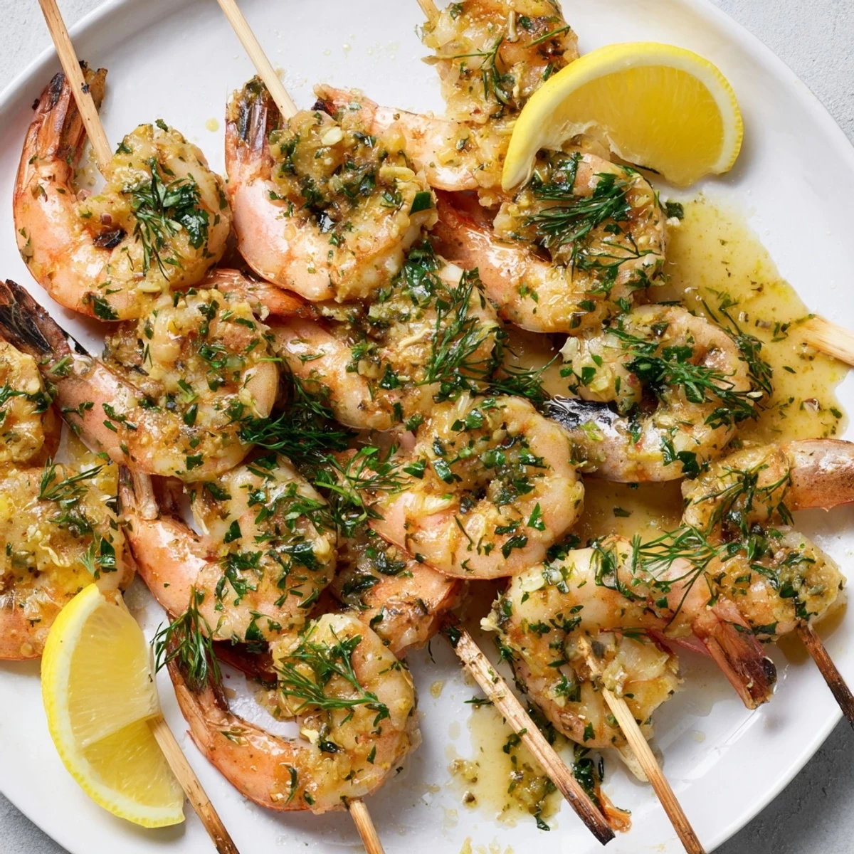 Close-up of succulent Lemon Herb Grilled Shrimp, lightly glistening, showcasing the fresh, citrus-infused marinade.