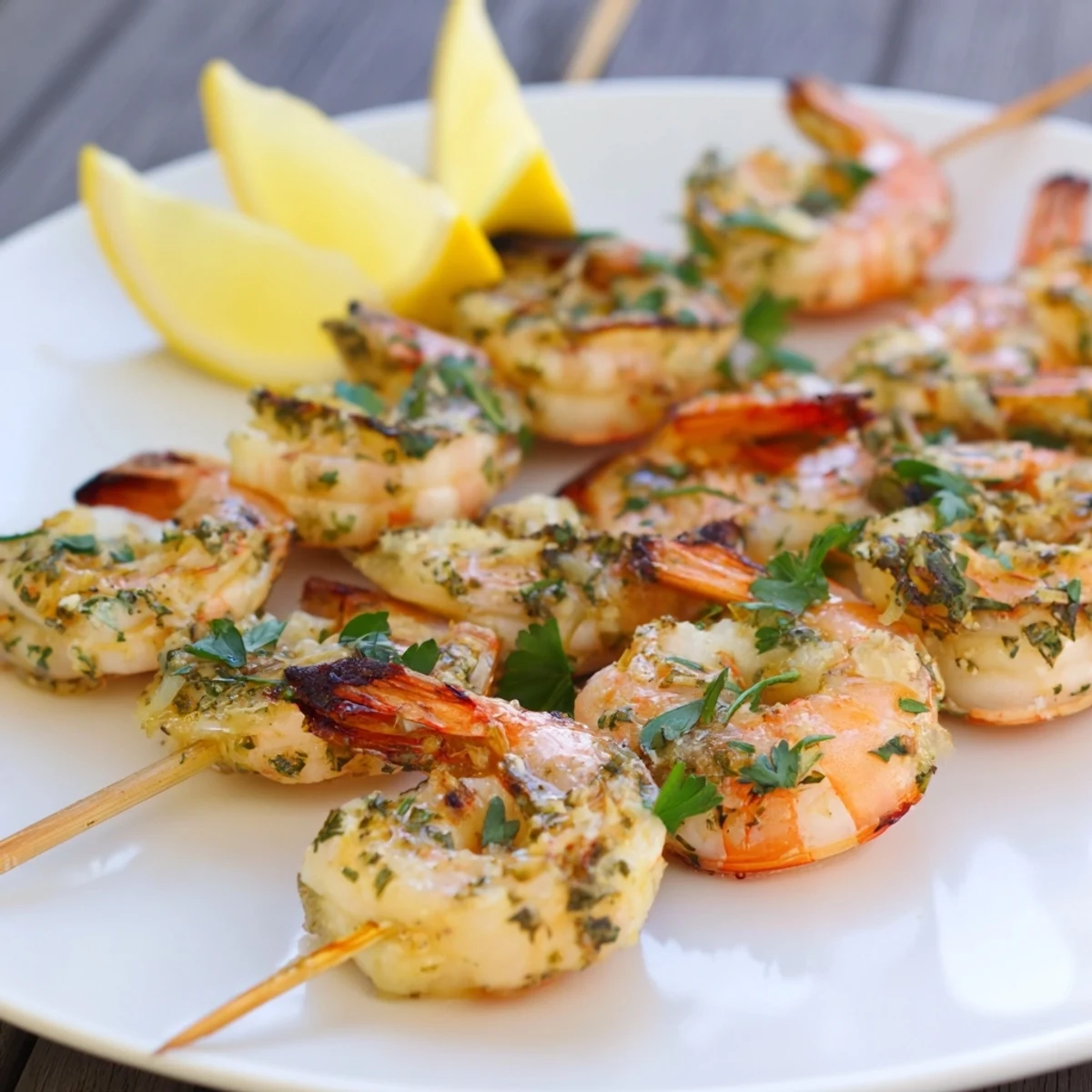 Juicy Lemon Herb Grilled Shrimp with vibrant herbs, offering a taste of Mediterranean summer on the plate.