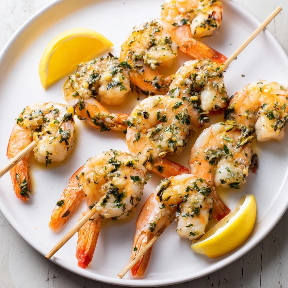 Lemon Herb Grilled Shrimp, beautifully charred and ready, served with lemon wedges for a bright meal.