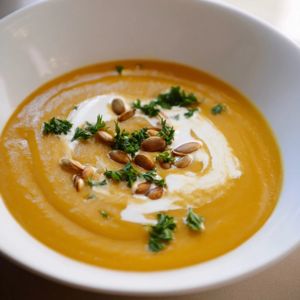 A steaming bowl of creamy pumpkin soup, garnished with green parsley and toasted seeds.