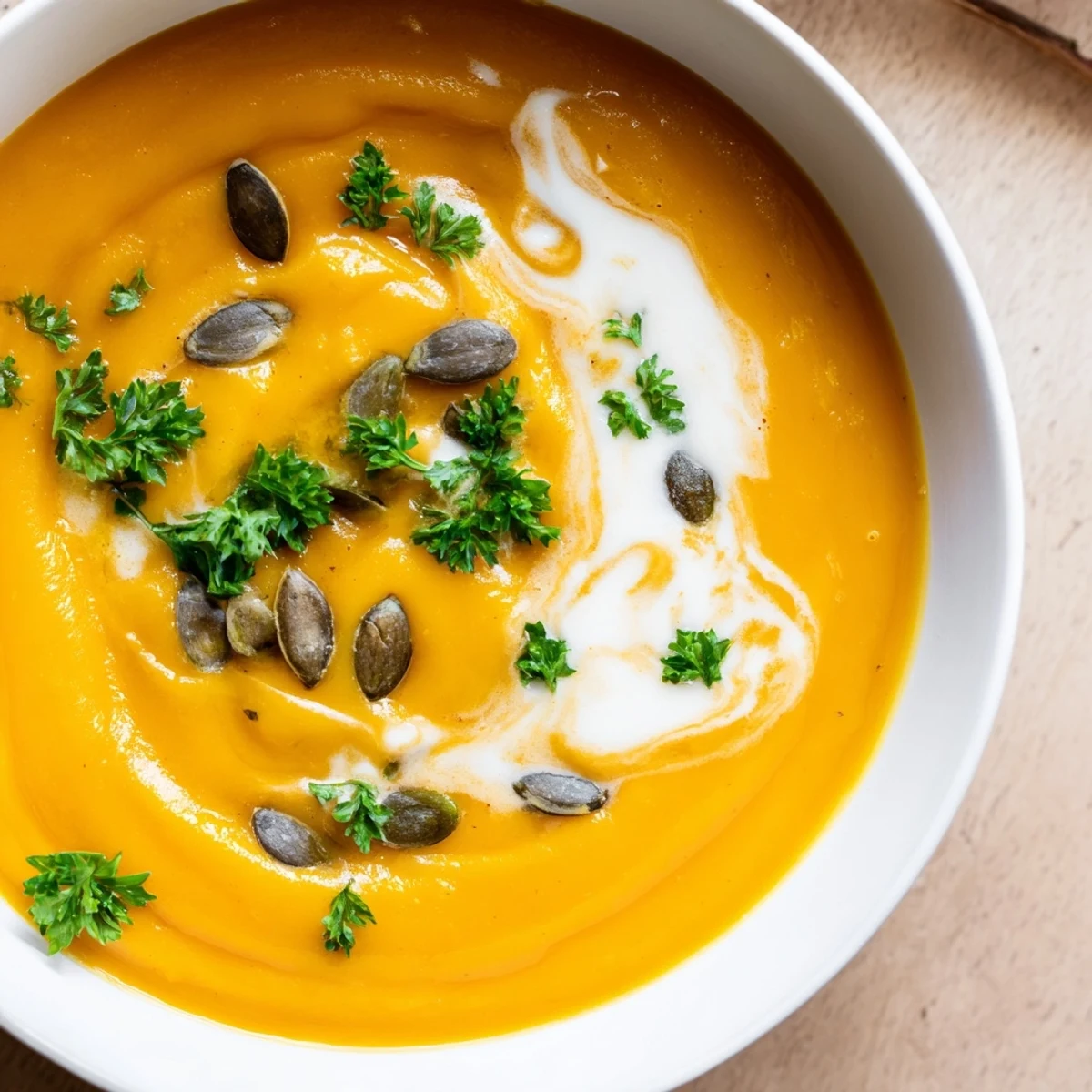 Velvety smooth creamy pumpkin soup in a rustic bowl, offering cozy warmth on a chilly evening.