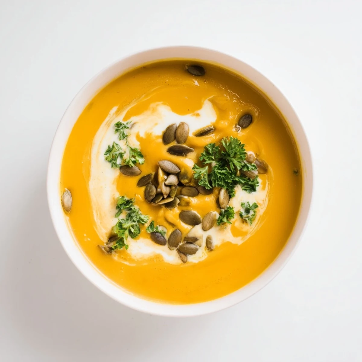 Close-up of golden creamy pumpkin soup, showcasing delicious texture and inviting aroma, ready to eat.