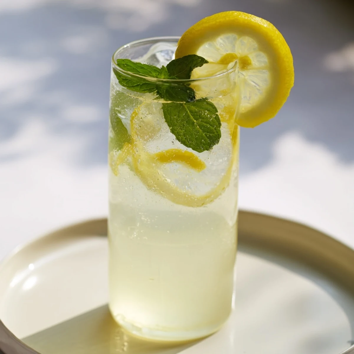 A tall glass of homemade lemonade, garnished with lemon slices and mint for summer refreshment.