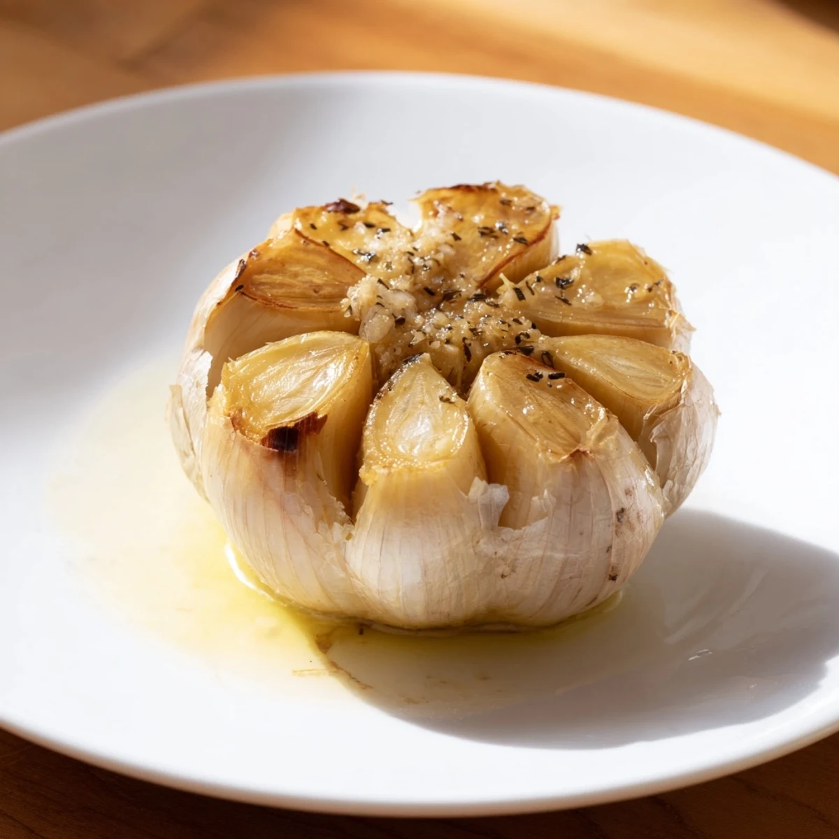Soft, caramelized roasted garlic cloves dripping with olive oil, perfect for savory dishes.